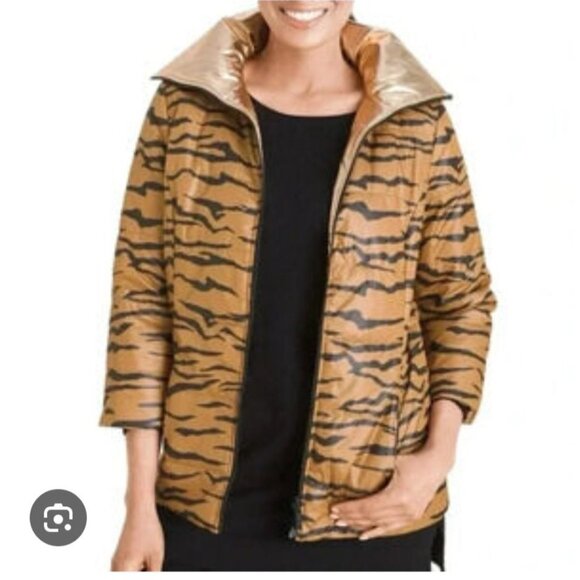 Chicos Zenergy Puffer Jacket Size 4, XXL Tiger Print Reversible To Gold Jacket - Picture 1 of 13